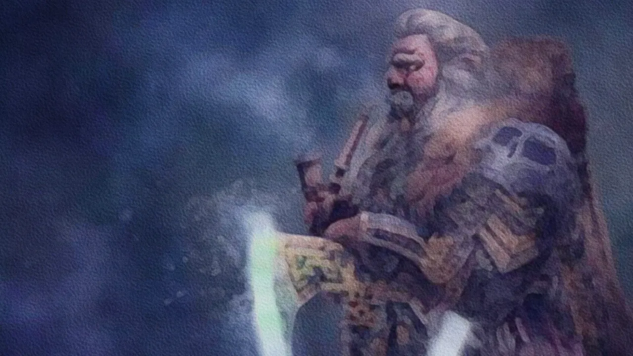 A painting of a dwarf wielding an axe