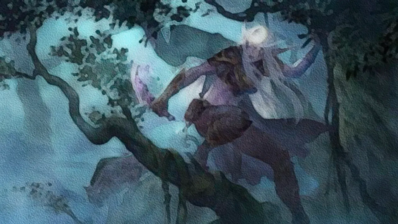 A painting of an Elvish Rogue in a tree