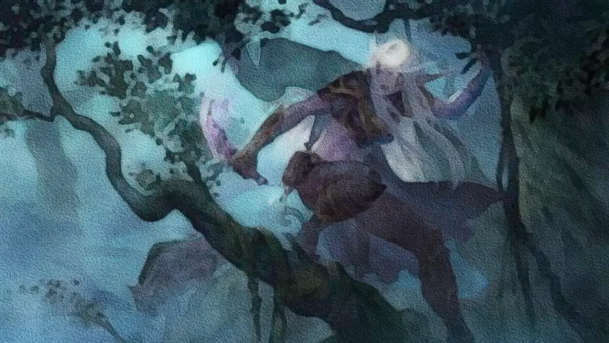 A painting of an Elvish Rogue in a tree