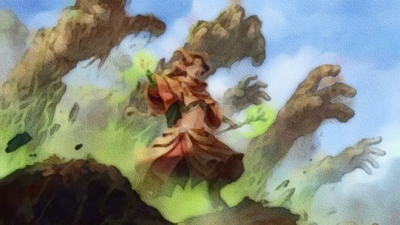 Painting of a woman summoning earthen hands on a battlefield