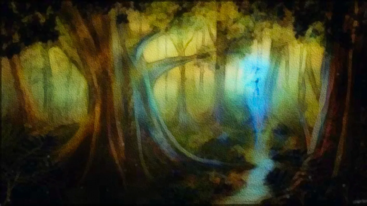 Painting of swamp, with a glowing figure in the distance