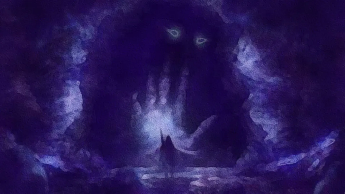 Painting of a person standing before a large demonic ghost